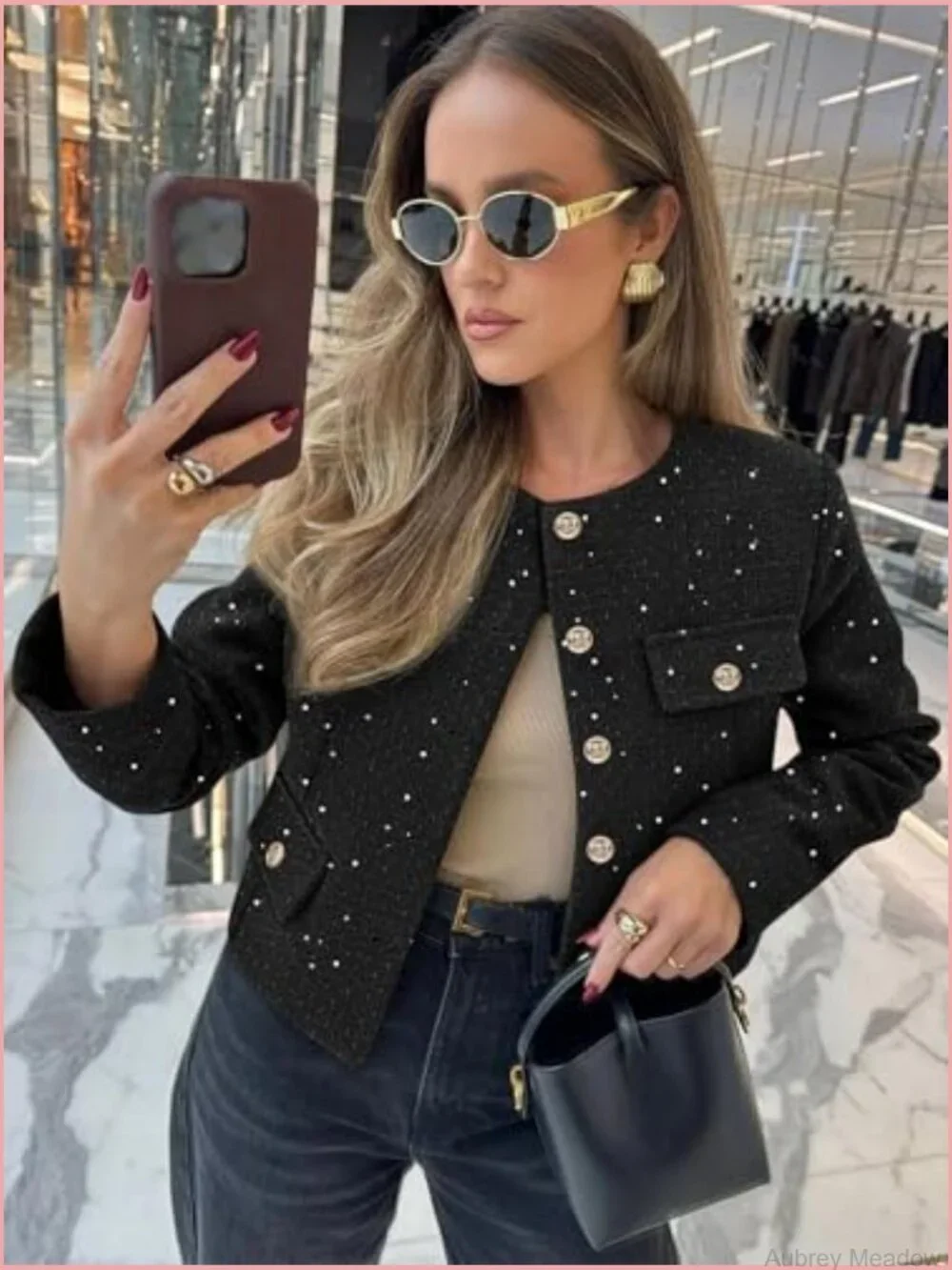 Cropped Tweed Blazer Collarless Button Down Jacket with Pockets